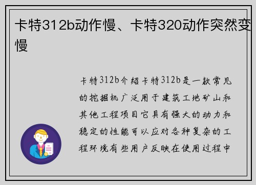 卡特312b动作慢、卡特320动作突然变慢